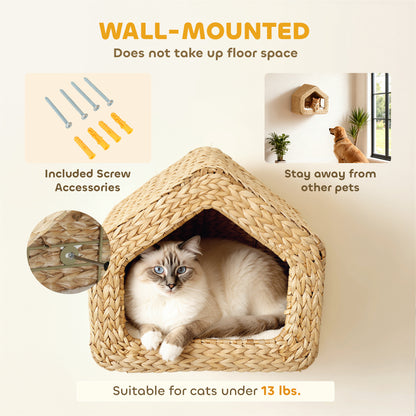 Wall Mounted Cat House, Cat Wall Furniture, Cat Wall Shelf with Washable Cushion, Natural