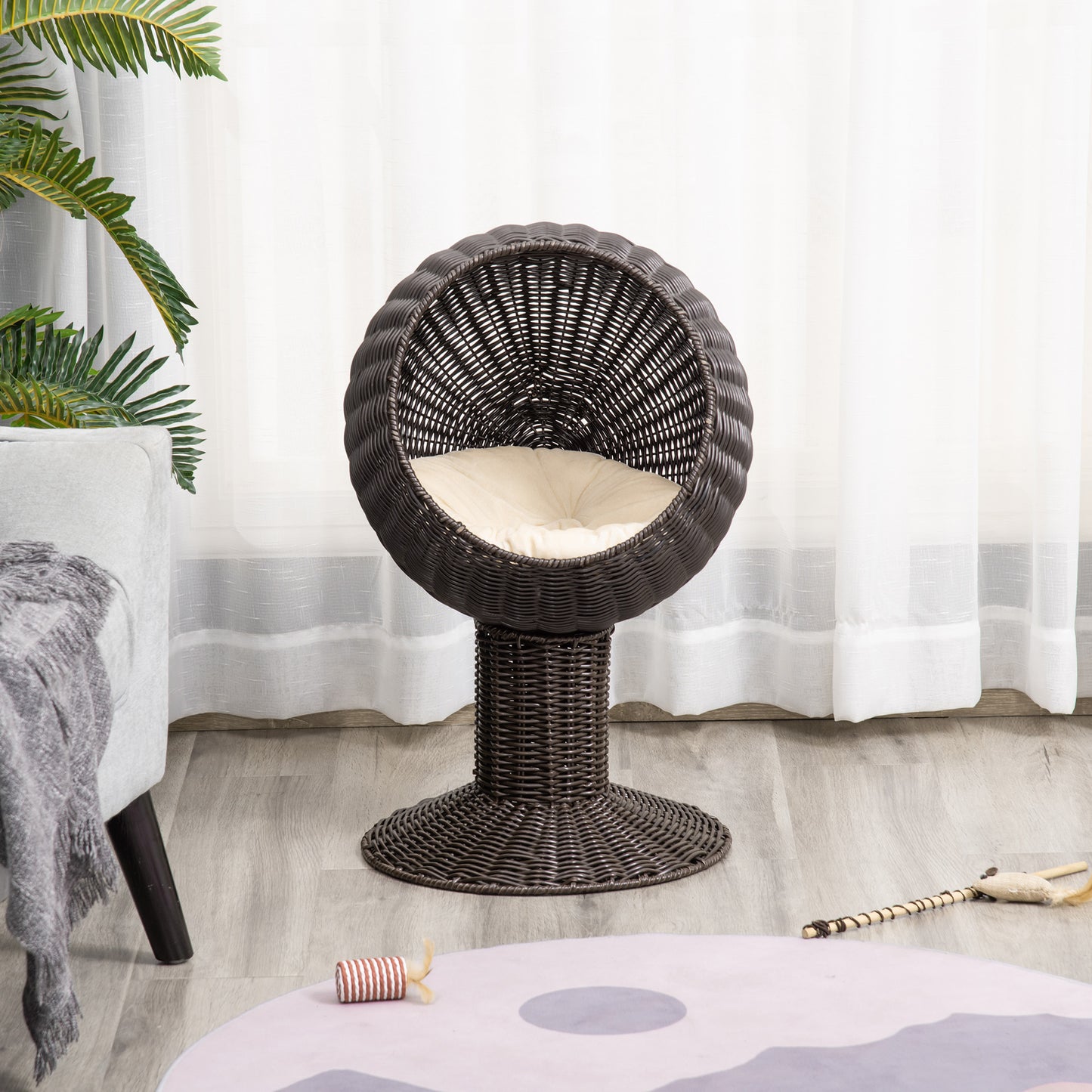 Elevated Cat Bed with Rotatable Egg Chair Pod, Cat Basket Bed with Thick Cushion, Natural Mat Grass Woven Kitty House, Coffee