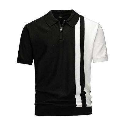 Men's Color Block Half-Zip Knit Polo Shirt, Navy & White Vertical Stripe Short Sleeve Top