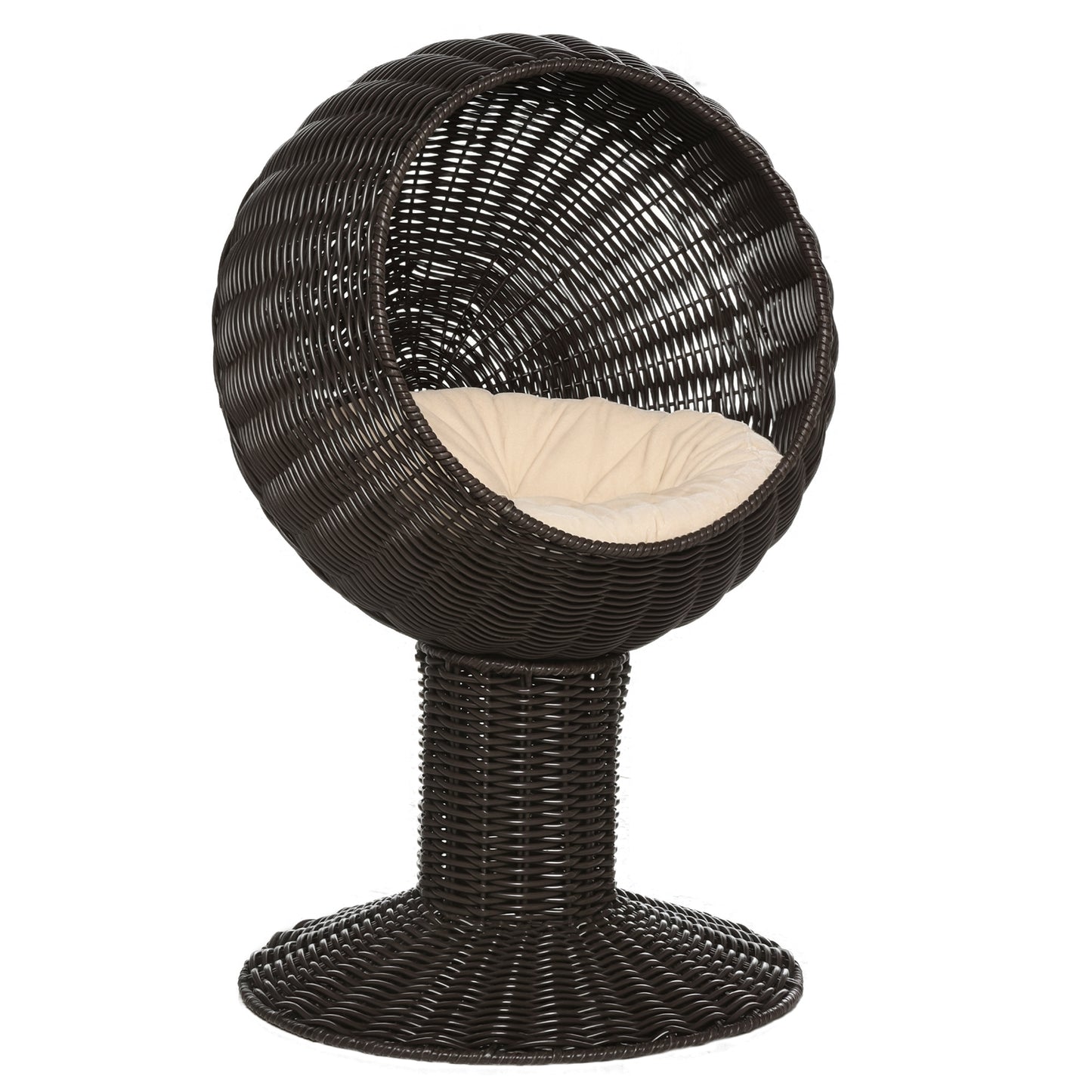 Elevated Cat Bed with Rotatable Egg Chair Pod, Cat Basket Bed with Thick Cushion, Natural Mat Grass Woven Kitty House, Coffee