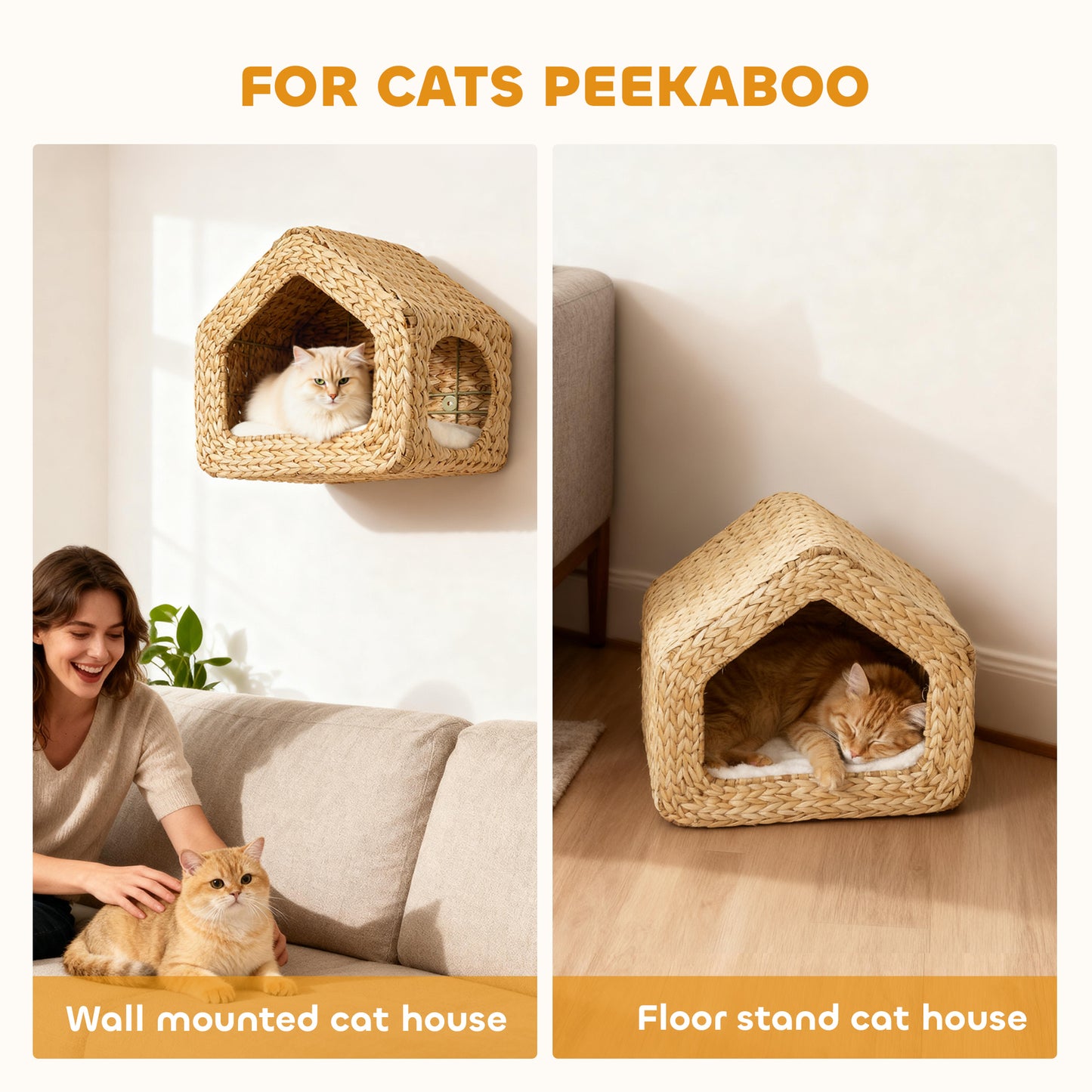 Wall Mounted Cat House, Cat Wall Furniture, Cat Wall Shelf with Washable Cushion, Natural