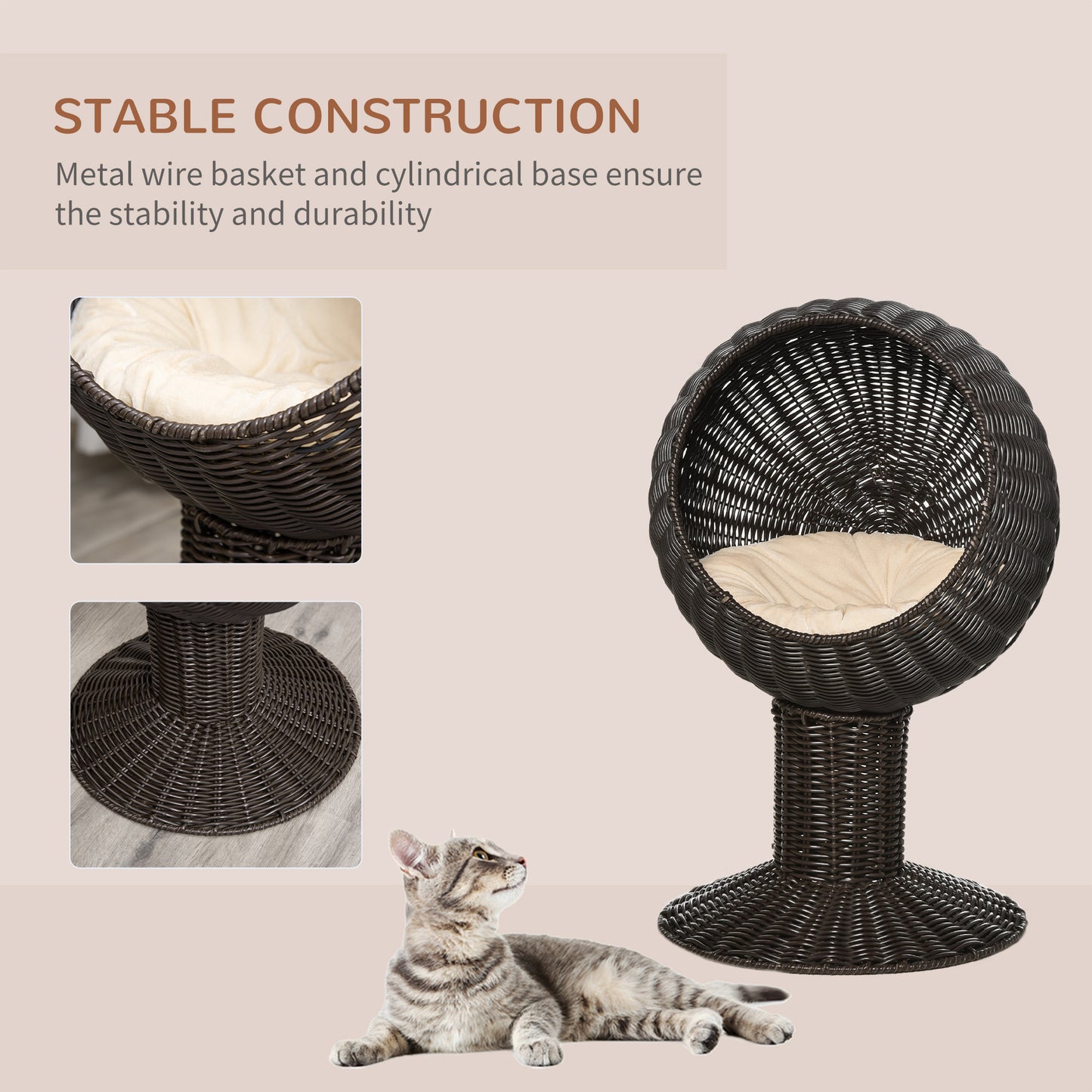 Elevated Cat Bed with Rotatable Egg Chair Pod, Cat Basket Bed with Thick Cushion, Natural Mat Grass Woven Kitty House, Coffee