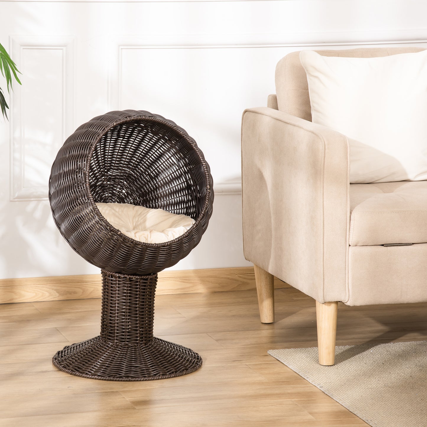 Elevated Cat Bed with Rotatable Egg Chair Pod, Cat Basket Bed with Thick Cushion, Natural Mat Grass Woven Kitty House, Coffee